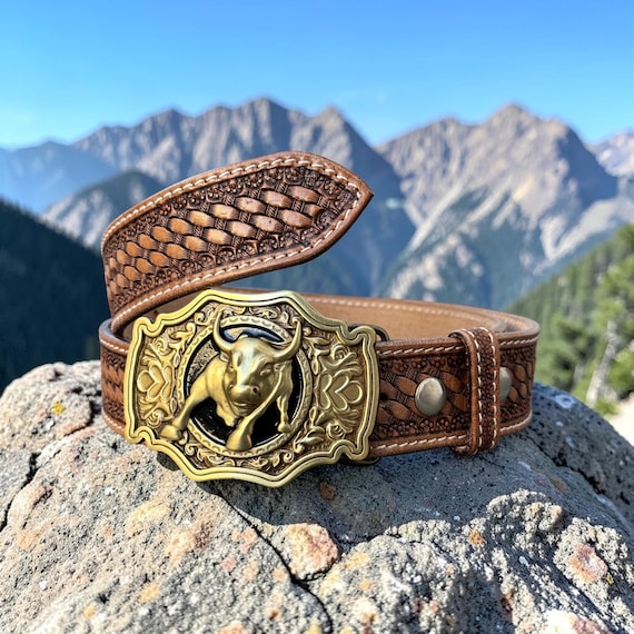 Handmade Tooled Leather Western Belt Bull Buckle  display picture 2