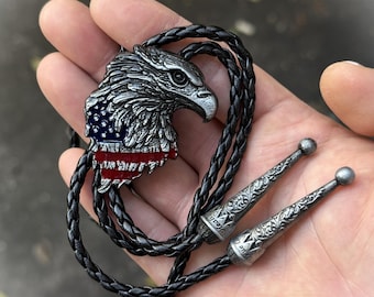Personalized American Eagle Bolo Tie Patriotic Western Jewelry Men’s Cowboy Bolo with Braided Leather Cord & Metal Tips Christmas Gift
