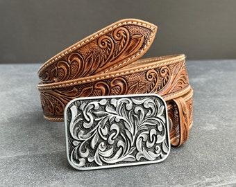 VTG Western Boho Brown Studded Leather Belt Flower Rose Medallions Brass 41\