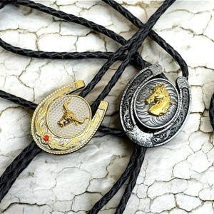 Cowboy Bolo Tie Personalized Horseshoe Gold Bull Head Horse Head Braided Leather Western Accessory Country Style Gift Horseshoe Bolo Tie
