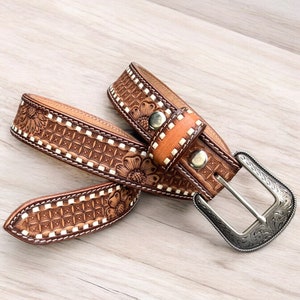 Western Belt Handmade Men&#39;s Full Grain Leather With Buckle Cowboy Rodeo Floral Belt Embossed Tooled Leather Belt Ranch Fathers Day Gift