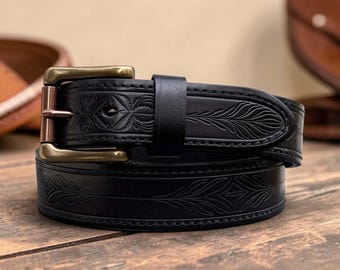 Black Western Leather Belt for Men, Full-Grain Cowhide, Heavy-Duty Embossed, Solid Brass Buckle 1.5"
