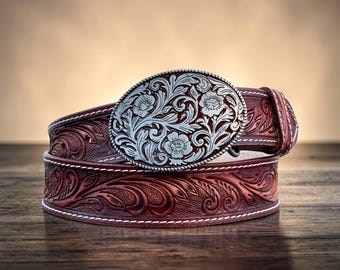 Women's Red Floral Tooled Leather Belt Genuine Full Grain Western Belt with Silver Buckle Modern Cowgirl Boho Country Concert Rodeo Outfit