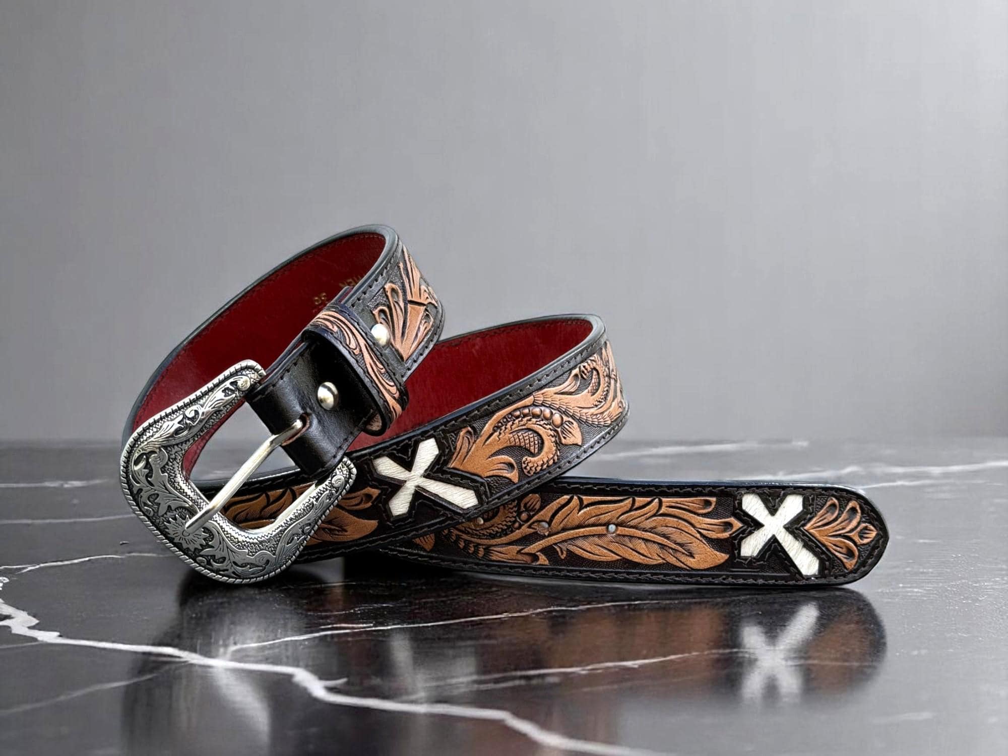 Western Leather Belt with Silver Buckle, Floral Cross Design, Size M/L/XL H8140 Western Floral Design Antique Silver Western Belt  main image 4