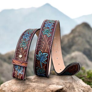 Hand Painted Men&#39;s Women&#39;s Western Belt Genuine Full Grain Leather Handmade Without Buckle Embossed Belt Cowboy Strap Screw-On Belt Strap
