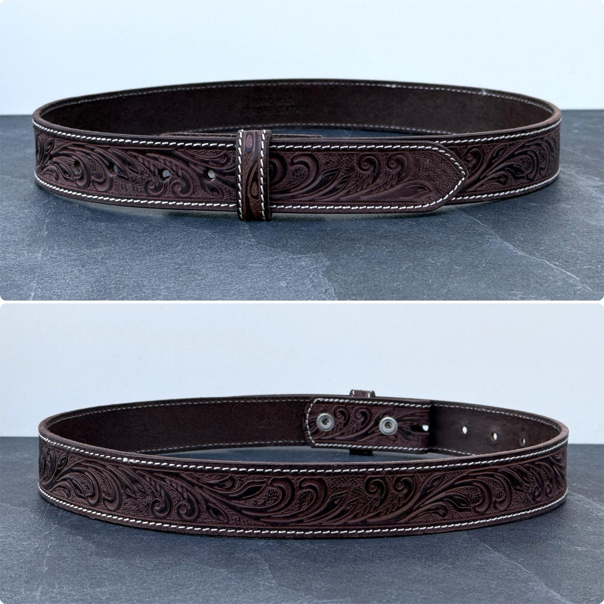 Western Tooled Leather Belt Strap Genuine Cowhide Brown Floral Engraved ...