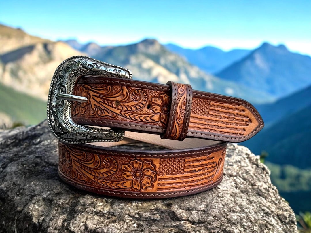 Western Tooled Leather Belt for Men American Flag Floral