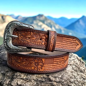 Western Tooled Leather Belt for Men American Flag & Floral Embossed Cowboy Belt with Western Buckle 1.5&quot; Rodeo Style Personalized Gift Belt