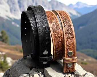 Cinturón de cuero con diseño floral occidental hecho a mano, personalizado, con relieve de grano completo y hebilla extraíble, regalo para el Día del Padre.