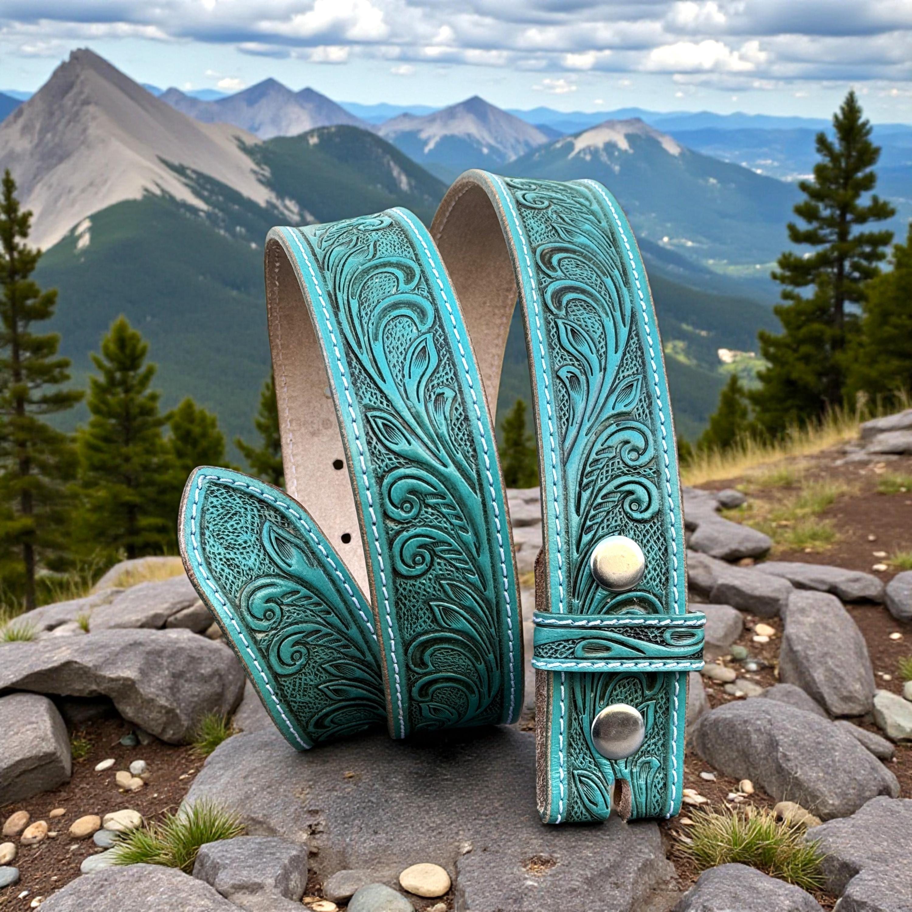 Turquoise Western Floral Leather Strap Handmade Teal Belt 