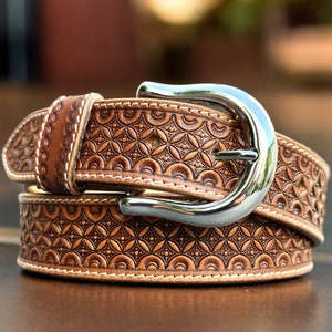 Handmade Western Engraved Embossed Leather Belt with Buckle Leather Snap-On Belt Full Grain Cowhide with Snaps 1-1/2&quot; WIDE Cowboy Rodeo Belt
