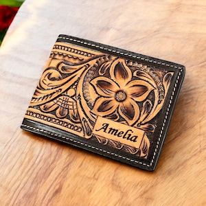 Cartera occidental Carteras de cuero hechas a mano Cartera de vaquero Cartera casual Cartera de cuero repujado Cartera floral plegable de cuero genuino para hombres y mujeres