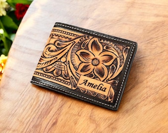 Western Wallet Handmade Leather Wallets Cowboy Casual Wallet Tooled Leather Wallet Genuine Leather Bifold Floral Wallet Father's Day Gift