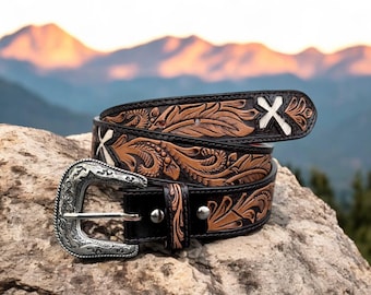 Western Cross Leather Belt For Men Women Personalized Cowboy Floral Belt with Cross Inlays Handmade Belt Full Grain Christmas Gift