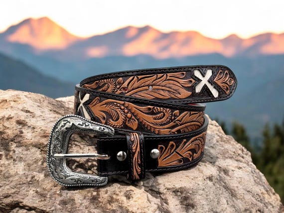 Western Cross Leather Belt for Men Women Personalized Cowboy  display picture 2
