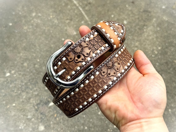 Handcrafted Leather Cowhide Belt Western Style Rhinestones Floral Buckle Design Rhinestone Crystal Oval Belt Buckle Antique Brass Full Grain  main image 3