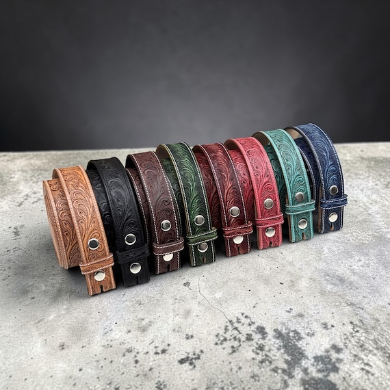 Western Floral Tooled Leather Belt Strap, Full Grain Cowhide, 1 1/2 Inch Snap On Belt Strap, Custom Engraving, 8 Colors, Handmade