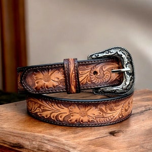 Western Full Grain Leather Belt Handmade Genuine Leather Belt Personalized Flowers Tooled Leather Belt Western Cowboy Belt Chicago Screw On