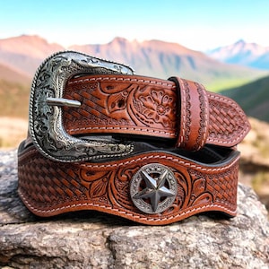 Cinturón de cuero con labrado estilo western para hombre, con estrella texana, concho y estampado floral, cinturón de rodeo vaquero personalizado con hebilla floral estilo western de 3,8 cm de ancho.