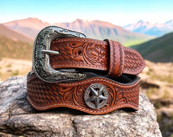 Men's Western Leather Belt 1.5 Inch Wide Cowboy Rodeo Belt