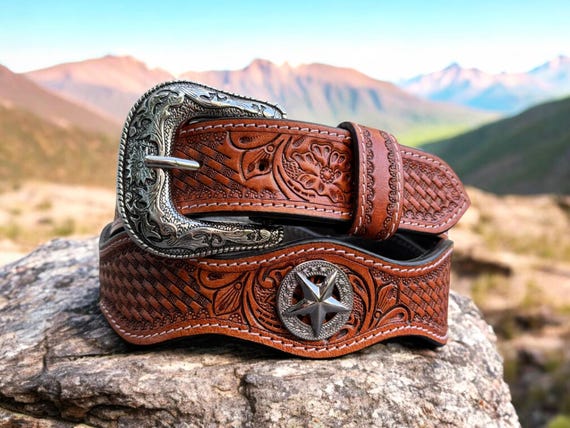 Western leather belt with silver conch & Native ribbon‎ ribbon trim 34-38” Nocona Men main image 4