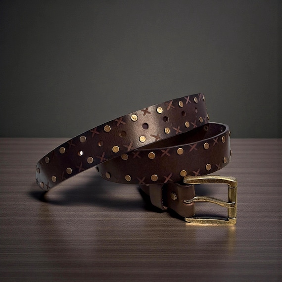 Rock Studded Leather Belt for Men, Brown Full Grain Belt  display picture 1