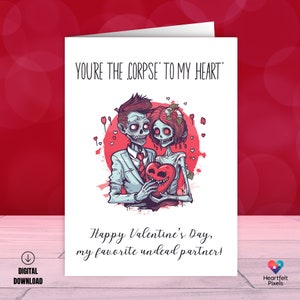 Biglietto di San Valentino zombie divertente stampabile, biglietto d'amore stampabile divertente, biglietto digitale per San Valentino, biglietto 5x7, busta stampabile