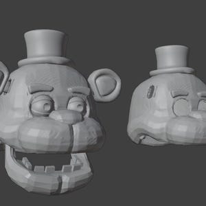May include: Two gray, 3D-rendered models of a bear's head, one with an open mouth and the other with a closed mouth. Both models have a top hat and bear ears. The models are set against a gray background.