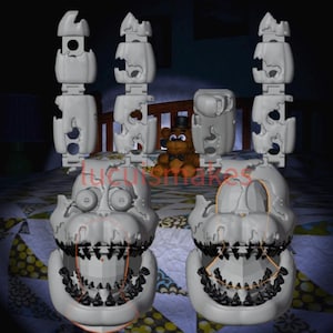 May include: A digitally rendered image featuring articulated, white, skeletal-like figures, resembling a cartoon character's head and limbs. A brown teddy bear with a top hat is in the background. The image has a dark, nighttime setting.