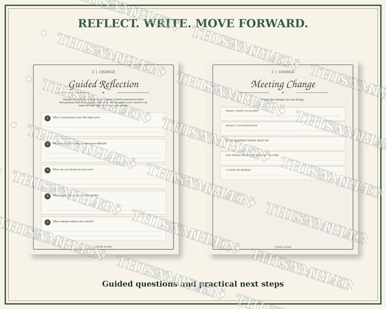 May include: Two white paper pages with black text and lines for writing. The left page is titled Guided Reflection and the right page is titled Meeting Change. The top text reads REFLECT. WRITE. MOVE FORWARD. and the bottom text reads Guided questions and practical next steps.