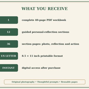 May include: A digital workbook information graphic with the title WHAT YOU RECEIVE. It lists 1 complete 40-page PDF workbook, 12 guided personal-reflection sections, 36 section pages, US letter 8.5 x 11 inch printable format, and instant access.