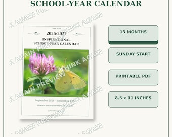 2026-2027 School Year Calendar Printable, Inspirational Nature Calendar, Sunday Start, 13-Month Academic PDF