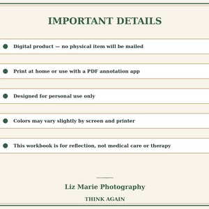 May include: A digital product information graphic with a cream background and dark green text. It lists five bullet points: Digital product, Print at home, Personal use only, Colors may vary, and Reflection workbook. Liz Marie Photography is at the bottom.