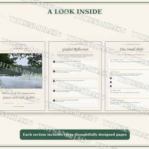 May include: A three-page layout titled A LOOK INSIDE featuring a nature photograph of a lake, a Guided Reflection section with numbered prompts, and a One Small Shift page with writing lines for personal notes and structured self-reflection exercises.