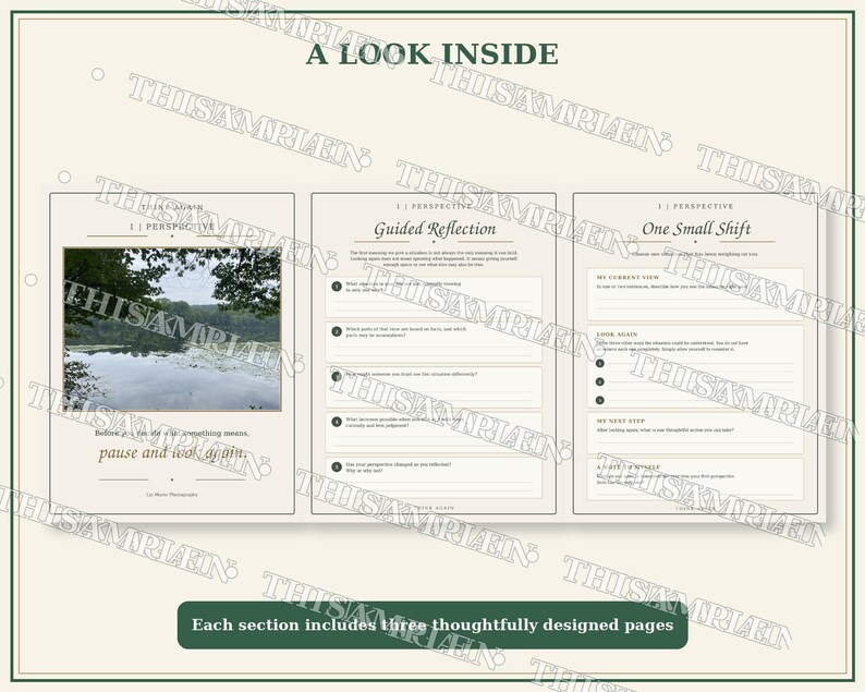 May include: A three-page layout titled A LOOK INSIDE featuring a nature photograph of a lake, a Guided Reflection section with numbered prompts, and a One Small Shift page with writing lines for personal notes and structured self-reflection exercises.
