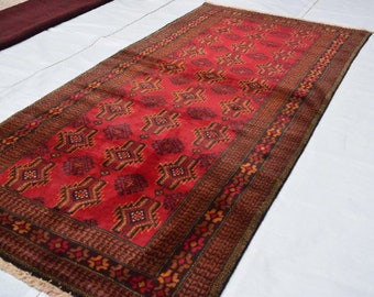 4.2x8.4 ft Gorgeous Handwoven Vintage Afghan Nomadic Tribal Tekke Baluchi Rug, Hand spun Wool, Natural Dyed colours, 8Ft