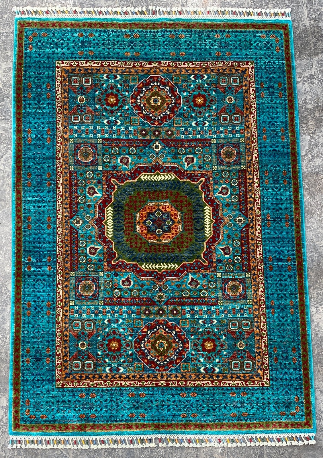 Mamluk Rug 6x7 Ft Turkish Hand Knotted Veg Dye Wool Geometric