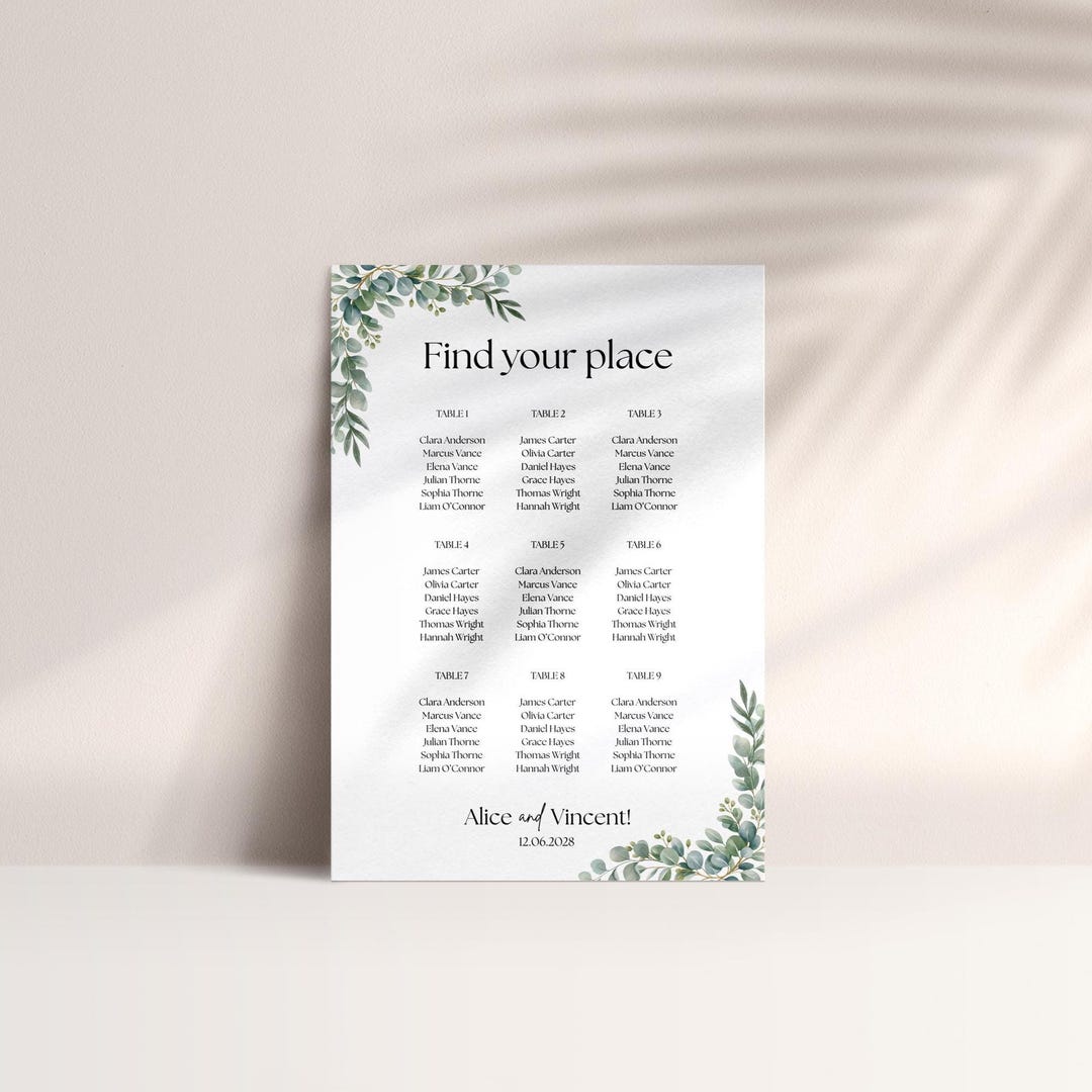 Eucalyptus Wedding Seating Chart Template | Editable in Canva | A1 ...