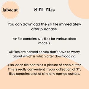 Pu&ograve; includere: Sfondo bianco con testo "labecut" e "STL files". Il testo spiega che il file ZIP contiene file STL per modelli di varie dimensioni. I file sono nominati e ognuno include un'immagine del cutter.