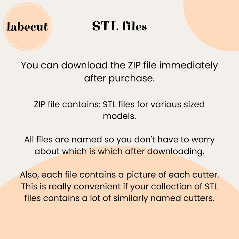 Pu&ograve; includere: Sfondo bianco con testo "labecut" e "STL files". Il testo spiega che il file ZIP contiene file STL per modelli di varie dimensioni. I file sono nominati e ognuno include un'immagine del cutter.
