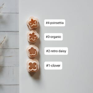 Pu&ograve; includere: Quattro formine per biscotti beige a forma di fiore. Le formine sono etichettate con i seguenti nomi: #4-poinsettia, #3-organic, #2-retro daisy e #1-clover. Le formine sono disposte verticalmente su una superficie bianca.