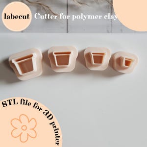 May include: A set of four polymer clay cutters in the shape of flower pots. The cutters are in varying sizes and are light beige. The image includes the text "labecut Cutter for polymer clay" and "STL file for 3D printer".