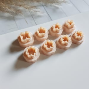 Pu&ograve; includere: Una collezione di nove formine per biscotti a forma di fiore color pesca chiaro. Ogni formina presenta un design floreale dettagliato sulla parte superiore e una base arrotondata. Le formine sono disposte su una superficie bianca.