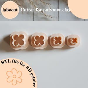 Puede incluir: Cuatro cortadores de arcilla polimérica de color melocotón claro en forma de trébol. Los cortadores están dispuestos en una fila, disminuyendo de tamaño de izquierda a derecha. La imagen incluye el texto "labecut Cutter for polymer clay" y "STL file for 3D printer".