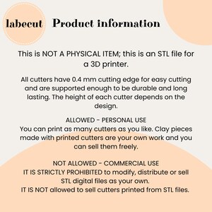 Pu&ograve; includere: Grafico informativo del prodotto con il testo "labecut". Il testo spiega che il prodotto &egrave; un file STL per la stampa 3D, non un oggetto fisico. Dettaglia la dimensione del bordo di taglio, l'uso personale consentito e le restrizioni sull'uso commerciale.