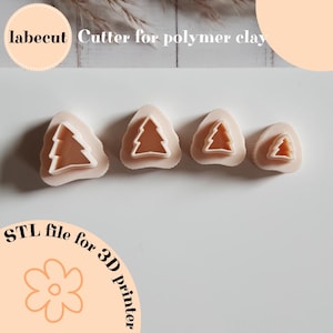 May include: Four polymer clay cutters in the shape of Christmas trees. The cutters are in varying sizes, with a white outline and a light brown interior. The image also includes the text "labecut Cutter for polymer clay" and "STL file for 3D printer."