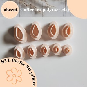 May include: A collection of light peach-colored polymer clay cutters in various sizes and shapes. The cutters are designed for use with polymer clay and are arranged on a white surface. The image includes text that reads "labecut Cutter for polymer clay" and "STL file for 3D printer."