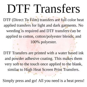 Może przedstawiać: Grafika tekstowa z napisem "DTF Transfers" w czarnym kolorze. Tekst wyjaśnia transfery DTF (Direct To Film), ich zastosowanie na r&oacute;żnych tkaninach i łatwość użycia z prasą termiczną.