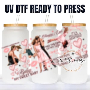 May include: Three white frosted glass tumblers with a bamboo lid and straw. Each tumbler features a different design with pink hearts, a couple dancing, and the text "Baby, My Sweet Baby".