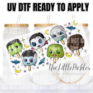 May include: A white background with a variety of colorful cartoon monster popsicles. The popsicles are all different colors and have different expressions on their faces. The text "UV DTF READY TO APPLY" is at the top of the image. The text "The Little Pickler DTF TRANSFERS" is at the bottom of the image.